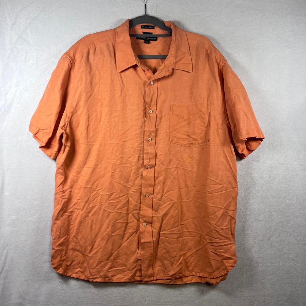 Vintage Tommy Hilfiger Orange Linen Silk Short Sleeve Button Down Shirt Mens‎ XL